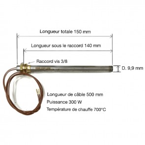 Cotes Bougie d'allumage poêle à pellets 300W compatible longueur  140 mm - diamètre 9,9 mm Raccord à vis HT62652