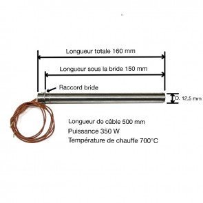 Bougie d'allumage poêle à pellets 350W compatible  Longueur 150 mm - diamètre 12,5 mm Raccord à bride