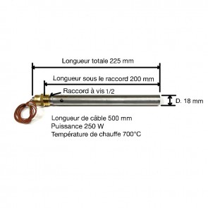 Bougie d'allumage poêle à pellets 250W compatible Longueur 200 mm - diamètre 18 mm